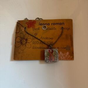 Handcrafted Glass Necklace for Breast Cancer, 2-sided pink ribbon/flower New